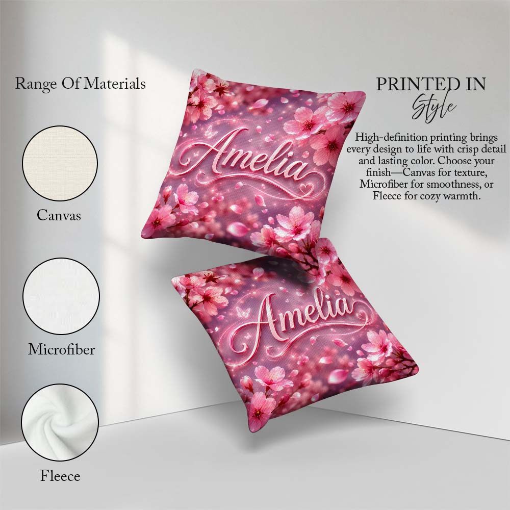 Custom Name Dreamy Pink Cherry Blossom Branches with Soft Gentle Square Filled Cushion Throw Pillow Sofa Bed Home Decor Zip Washable UK Made
