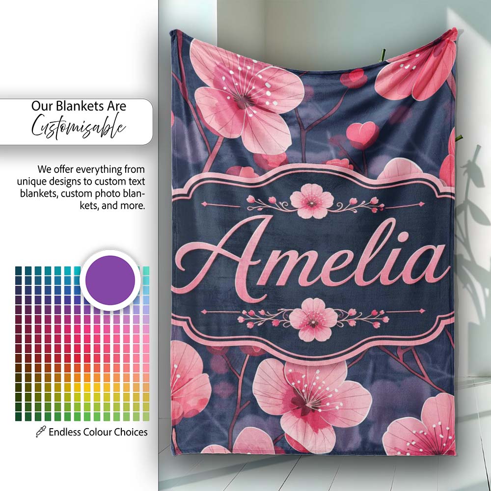 Stylized Cherry Blossom Flowers with Heart Buds Pattern Modern Personalised Custom Name Super Soft Fleece Blanket Bed Sofa Throw