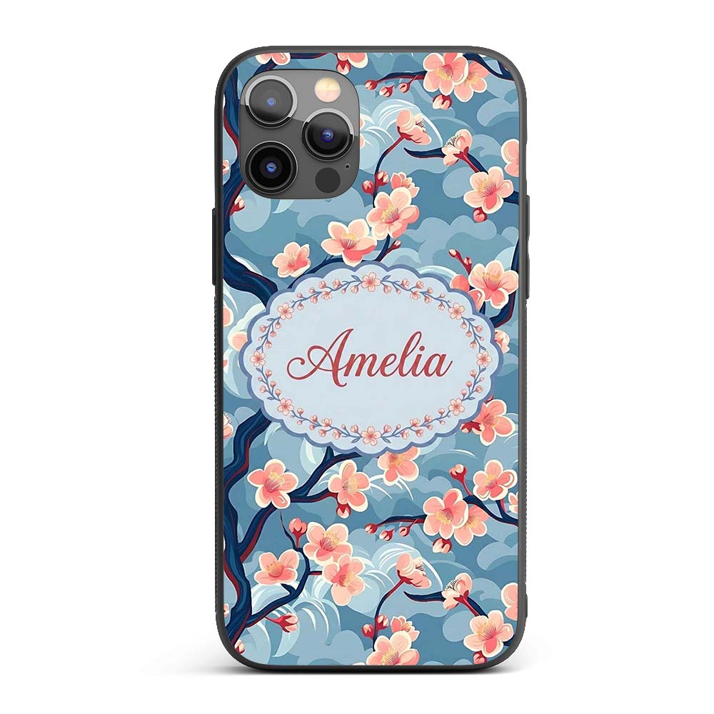 Japanese Cherry Blossom Tree Branches with Cloud Custom Name Protective Phone Case Mobile Cover Durable Everyday Smartphone Shock Resistant