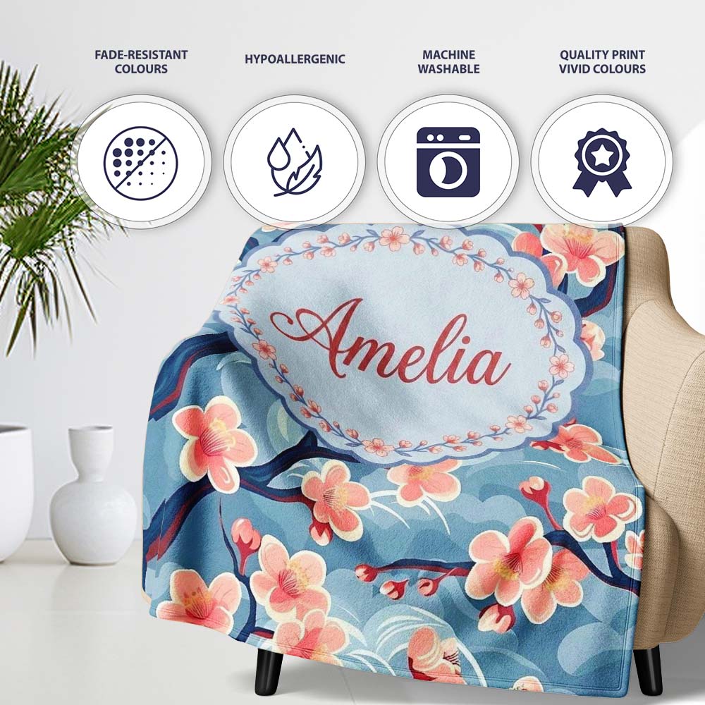 Japanese Cherry Blossom Tree Branches with Cloud Background Artistic Personalised Custom Name Super Soft Fleece Blanket Bed Sofa Throw