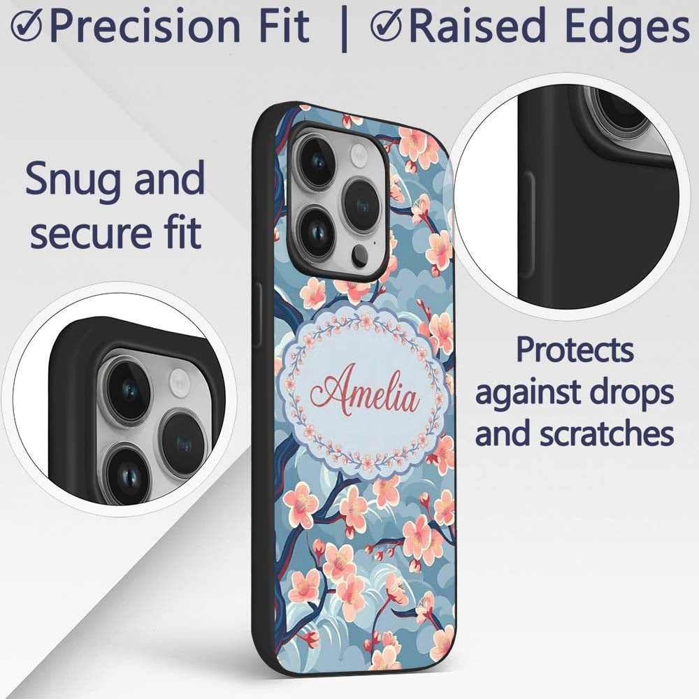 Japanese Cherry Blossom Tree Branches with Cloud Custom Name Protective Phone Case Mobile Cover Durable Everyday Smartphone Shock Resistant