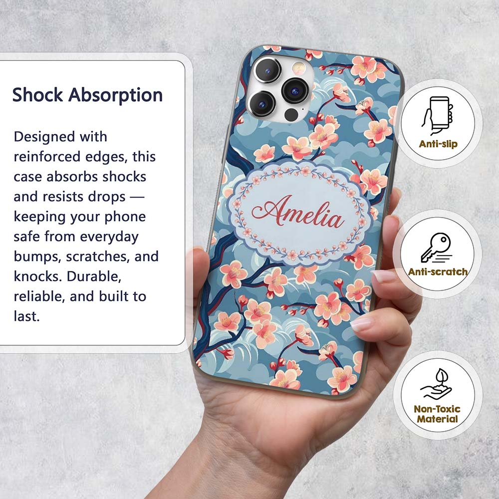 Japanese Cherry Blossom Tree Branches with Cloud Custom Name Protective Phone Case Mobile Cover Durable Everyday Smartphone Shock Resistant