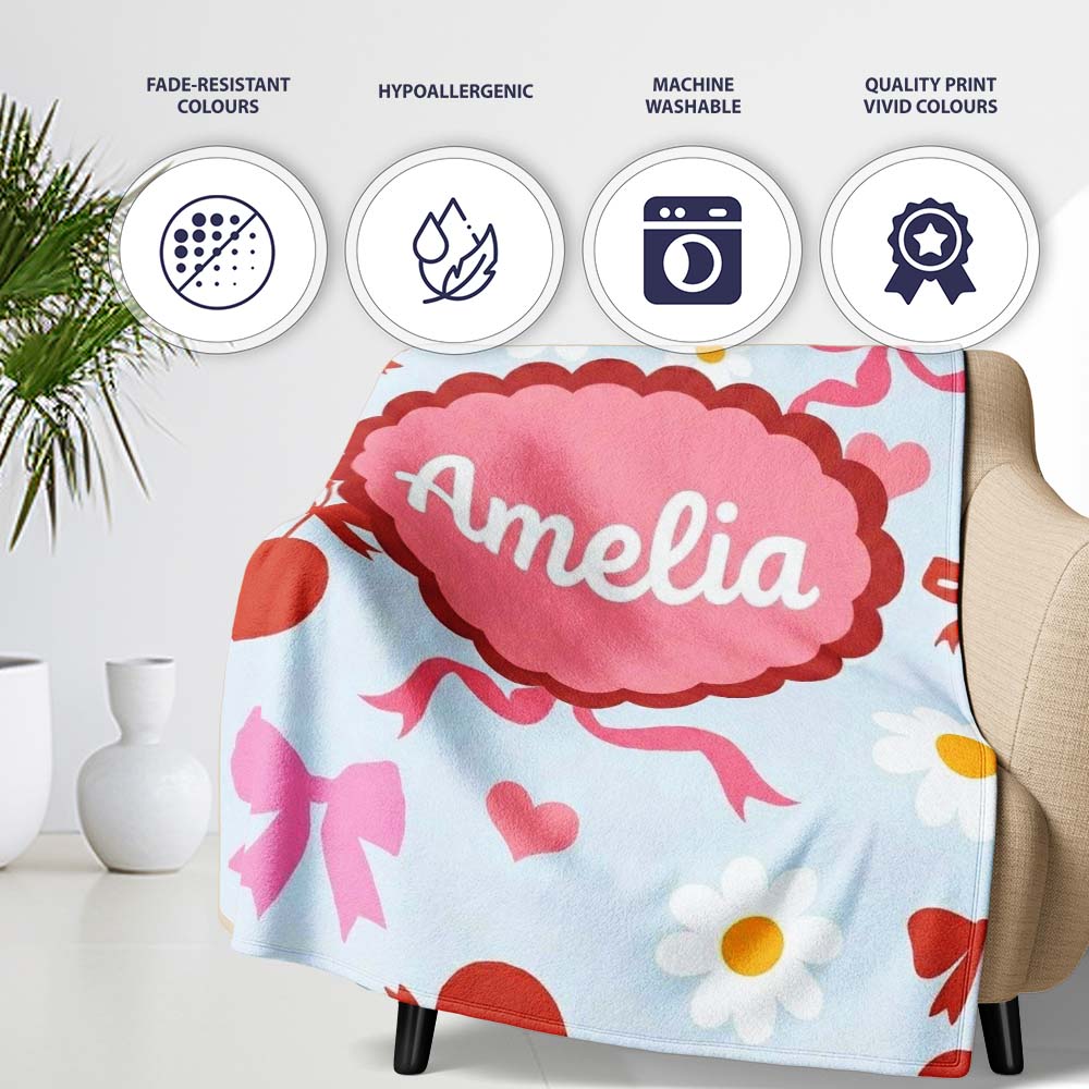 Cute Cherry and Bow Motif with Daisy Flowers Pattern Playful Girly Personalised Custom Name Super Soft Fleece Blanket Bed Sofa Throw