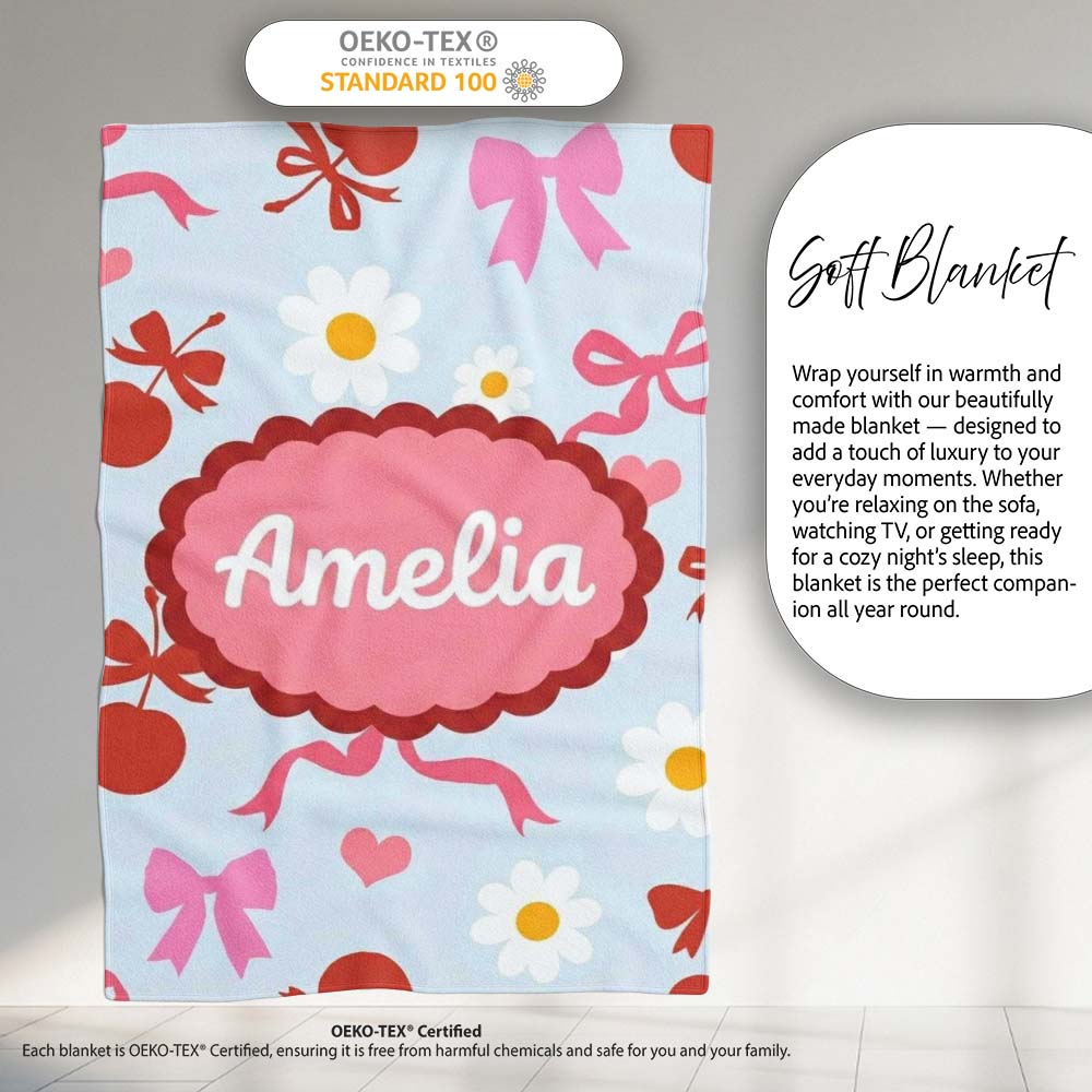 Cute Cherry and Bow Motif with Daisy Flowers Pattern Playful Girly Personalised Custom Name Super Soft Fleece Blanket Bed Sofa Throw