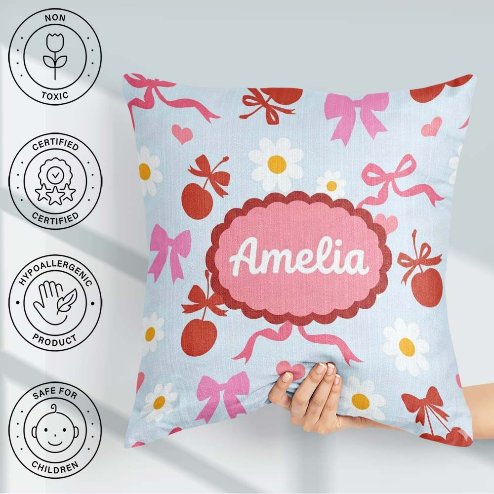 Custom Name Cute Cherry and Bow Motif with Daisy Flowers Pattern Square Filled Cushion Throw Pillow Sofa Bed Home Decor Zip Washable UK Made