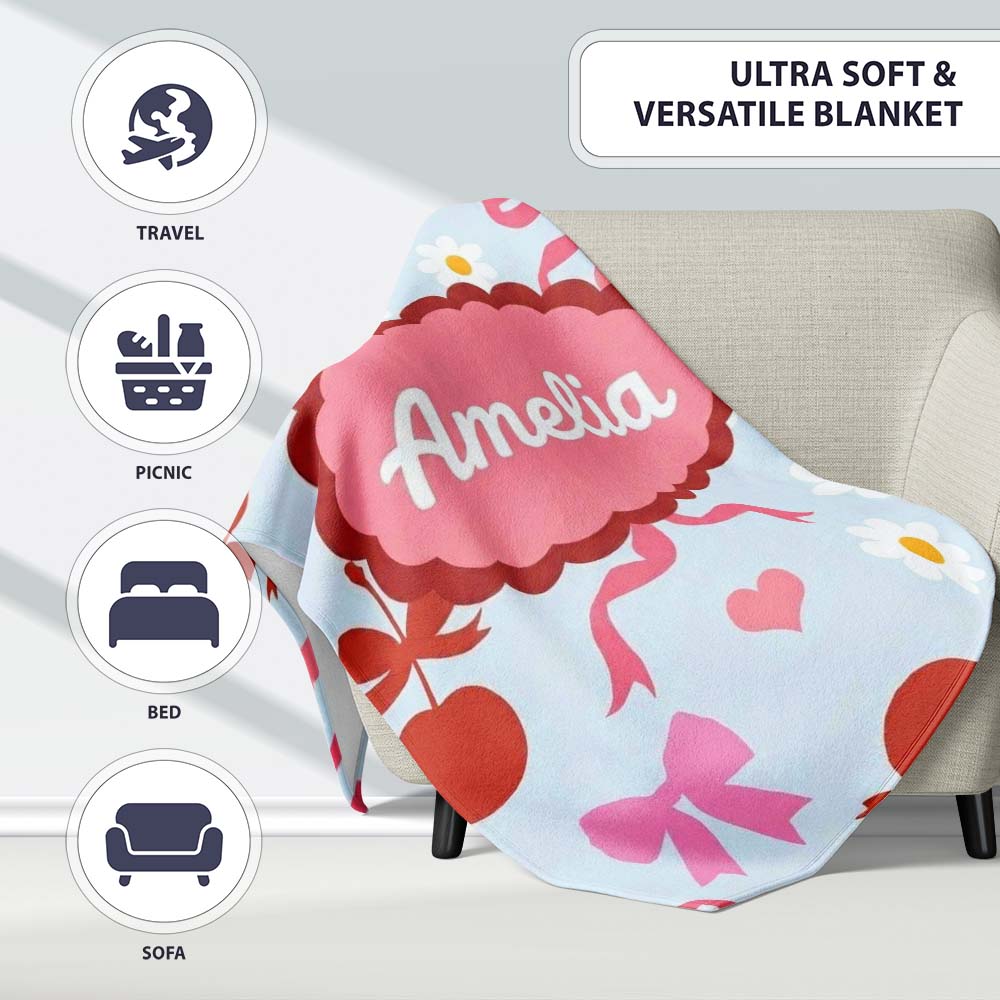 Cute Cherry and Bow Motif with Daisy Flowers Pattern Playful Girly Personalised Custom Name Super Soft Fleece Blanket Bed Sofa Throw
