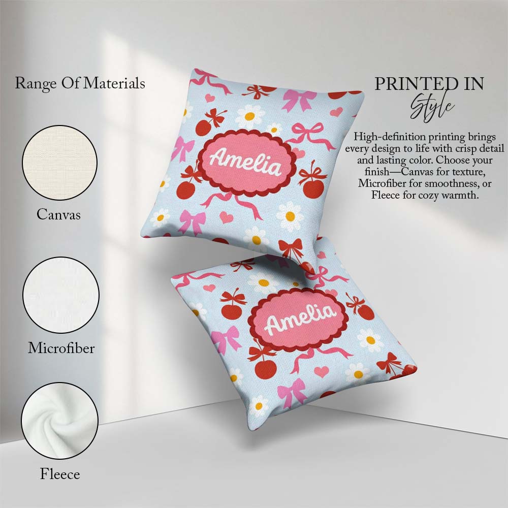 Custom Name Cute Cherry and Bow Motif with Daisy Flowers Pattern Square Filled Cushion Throw Pillow Sofa Bed Home Decor Zip Washable UK Made