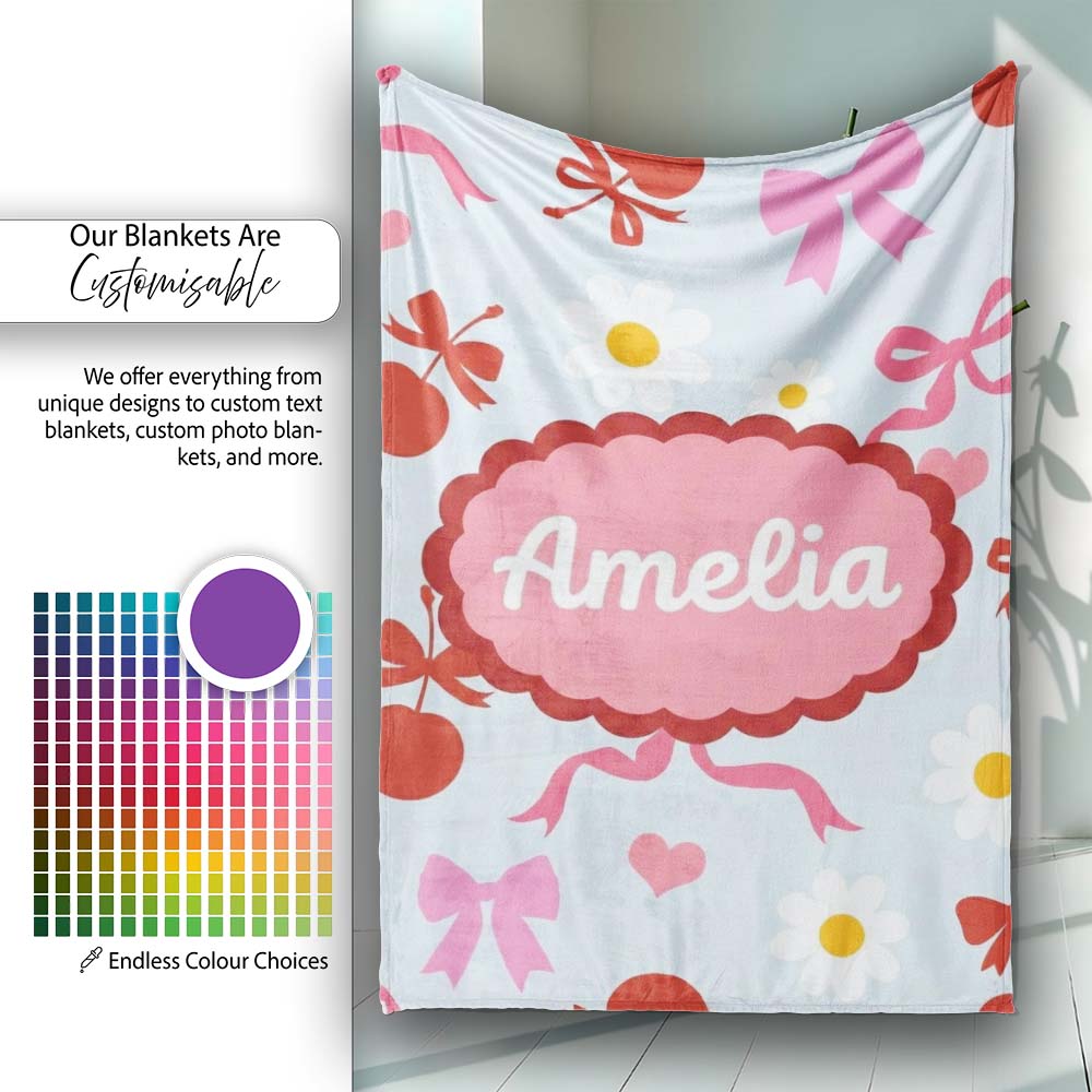Cute Cherry and Bow Motif with Daisy Flowers Pattern Playful Girly Personalised Custom Name Super Soft Fleece Blanket Bed Sofa Throw