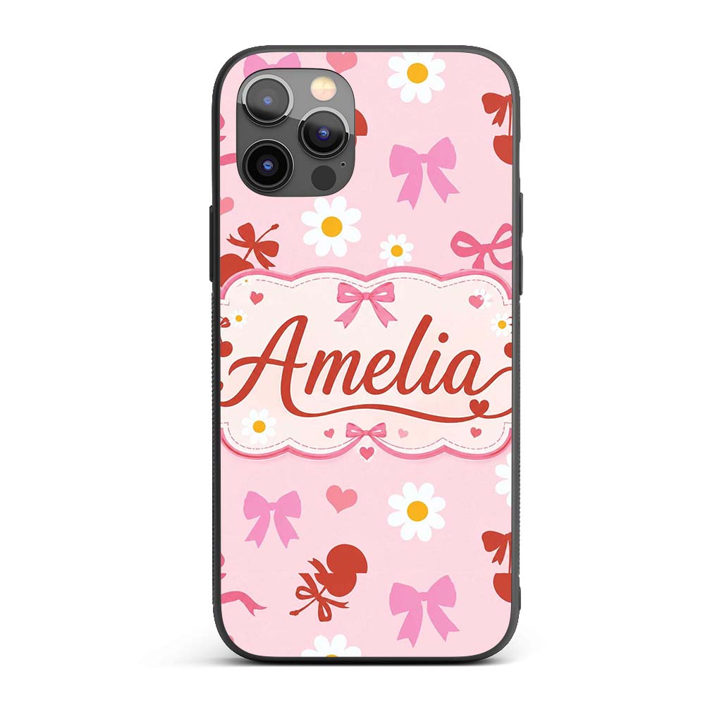 Pastel Cherry and Ribbon Pattern Printed Design Custom Name Protective Phone Case Mobile Cover Durable Everyday Smartphone Shock Resistant