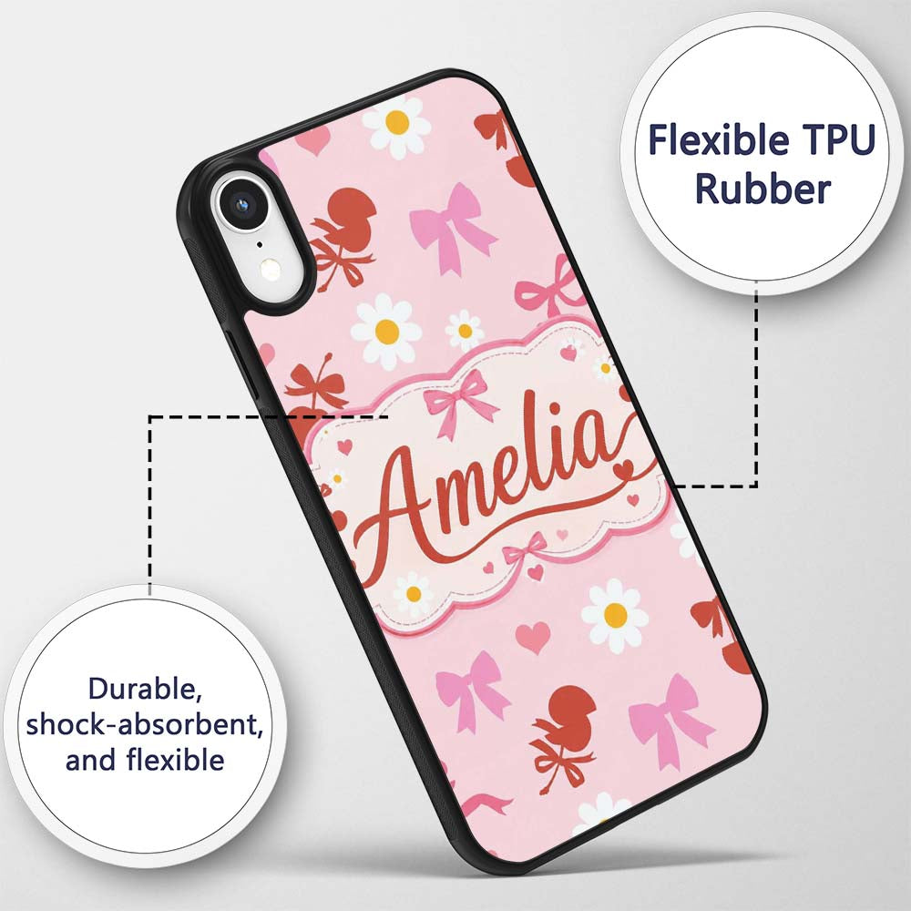 Pastel Cherry and Ribbon Pattern Printed Design Custom Name Protective Phone Case Mobile Cover Durable Everyday Smartphone Shock Resistant