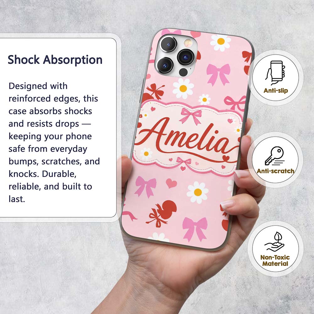 Pastel Cherry and Ribbon Pattern Printed Design Custom Name Protective Phone Case Mobile Cover Durable Everyday Smartphone Shock Resistant