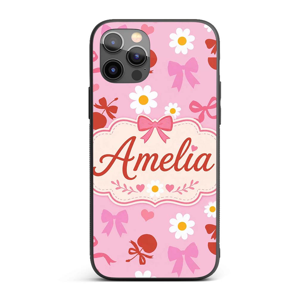 Pink Cherry and Bow Decorative Printed Design Custom Name Protective Phone Case Mobile Cover Durable Everyday Smartphone Shock Resistant