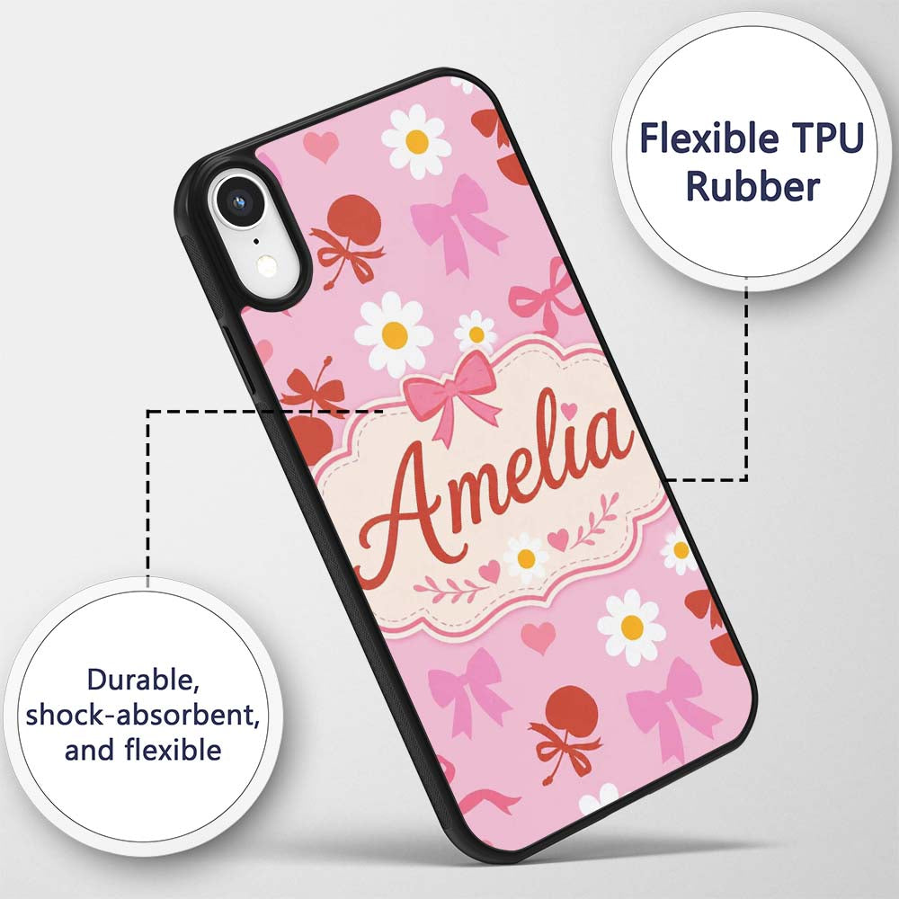 Pink Cherry and Bow Decorative Printed Design Custom Name Protective Phone Case Mobile Cover Durable Everyday Smartphone Shock Resistant