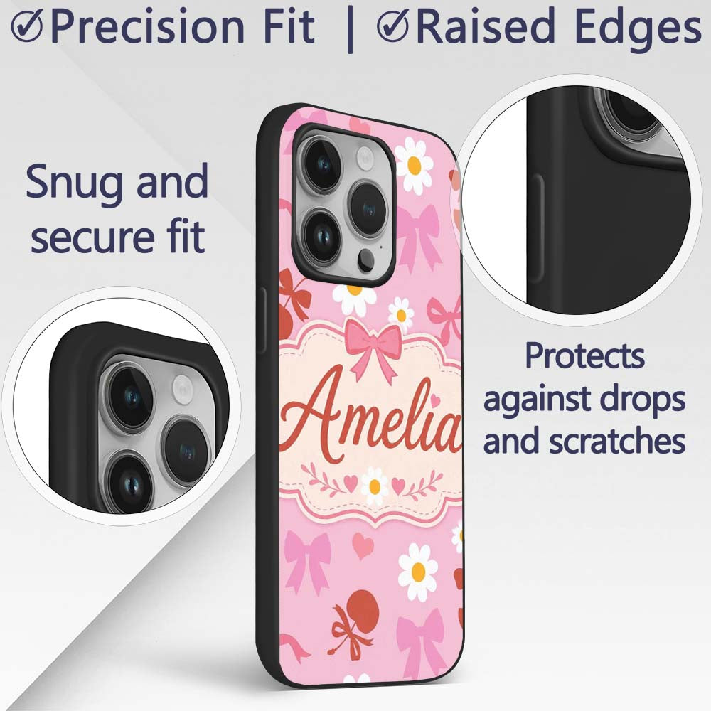 Pink Cherry and Bow Decorative Printed Design Custom Name Protective Phone Case Mobile Cover Durable Everyday Smartphone Shock Resistant