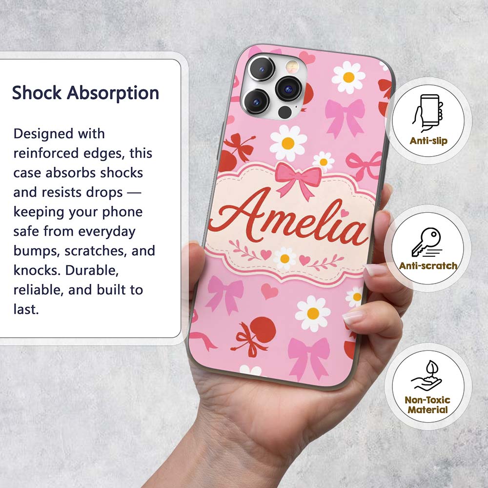 Pink Cherry and Bow Decorative Printed Design Custom Name Protective Phone Case Mobile Cover Durable Everyday Smartphone Shock Resistant