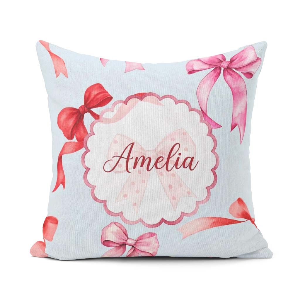 Custom Name Watercolor Red and Pink Ribbon Bows Soft Blue Girly Square Filled Cushion Throw Pillow Sofa Bed Home Decor Zip Washable UK Made