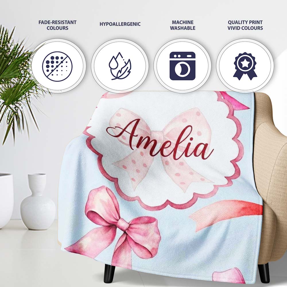 Watercolor Red and Pink Ribbon Bows Soft Blue Background Cute Girly Personalised Custom Name Super Soft Fleece Blanket Bed Sofa Throw