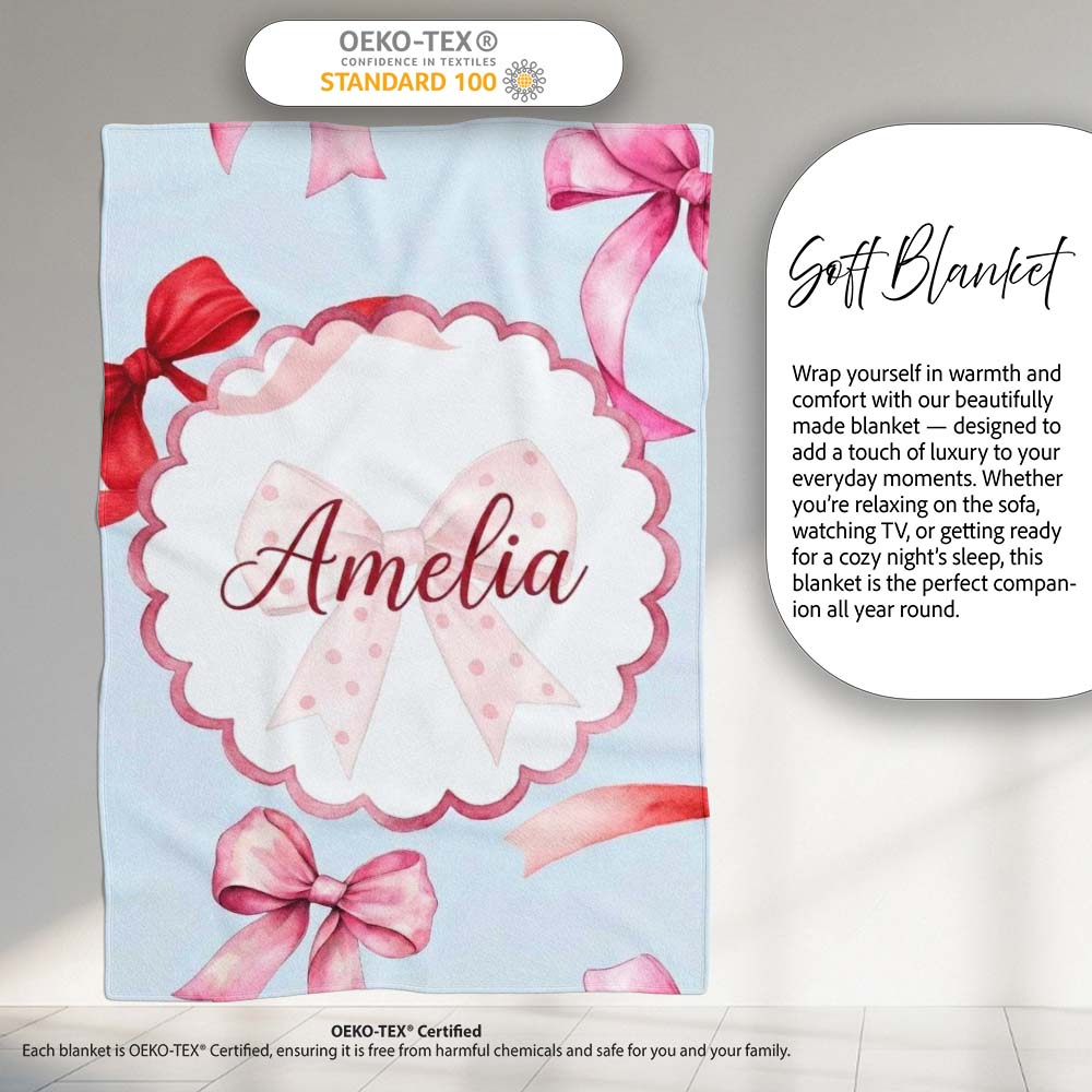 Watercolor Red and Pink Ribbon Bows Soft Blue Background Cute Girly Personalised Custom Name Super Soft Fleece Blanket Bed Sofa Throw