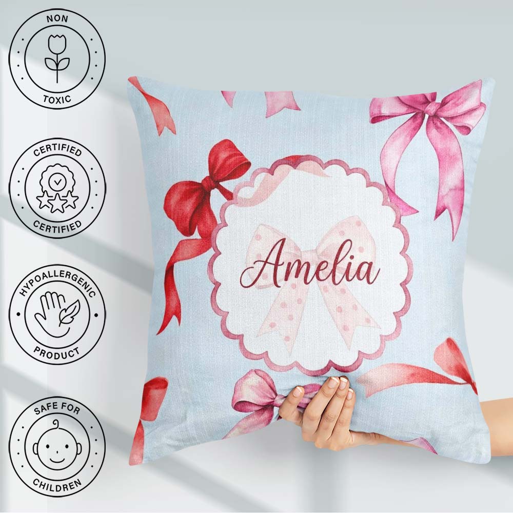 Custom Name Watercolor Red and Pink Ribbon Bows Soft Blue Girly Square Filled Cushion Throw Pillow Sofa Bed Home Decor Zip Washable UK Made