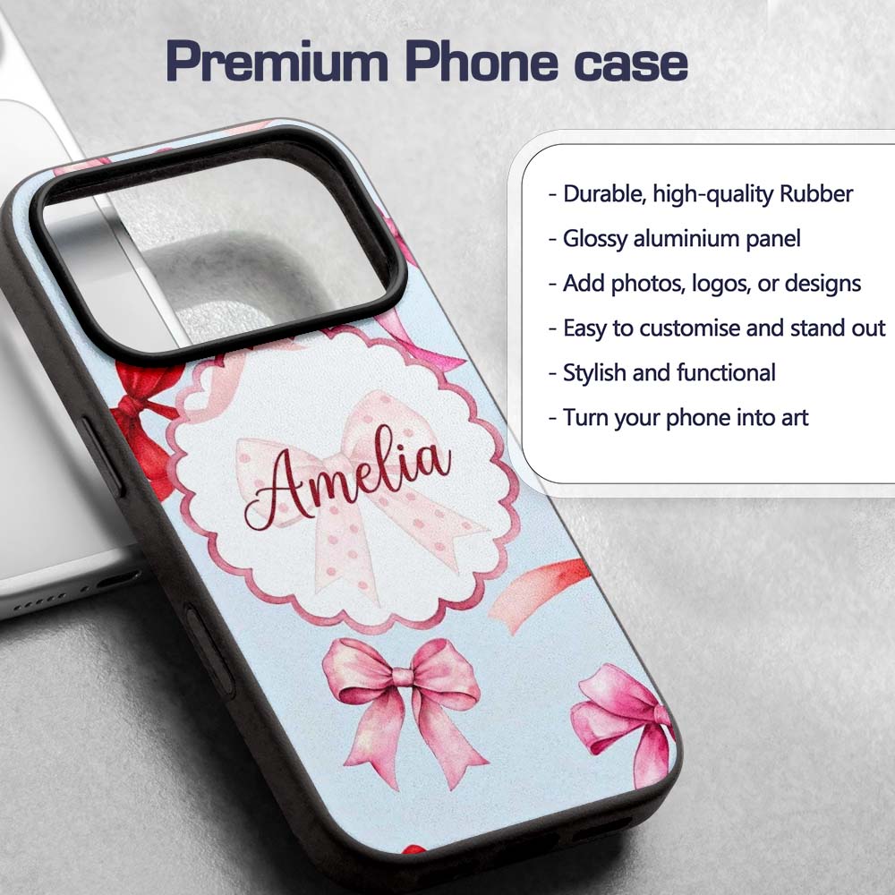 Watercolor Red and Pink Ribbon Bows Soft Blue Custom Name Protective Phone Case Mobile Cover Durable Everyday Smartphone Shock Resistant