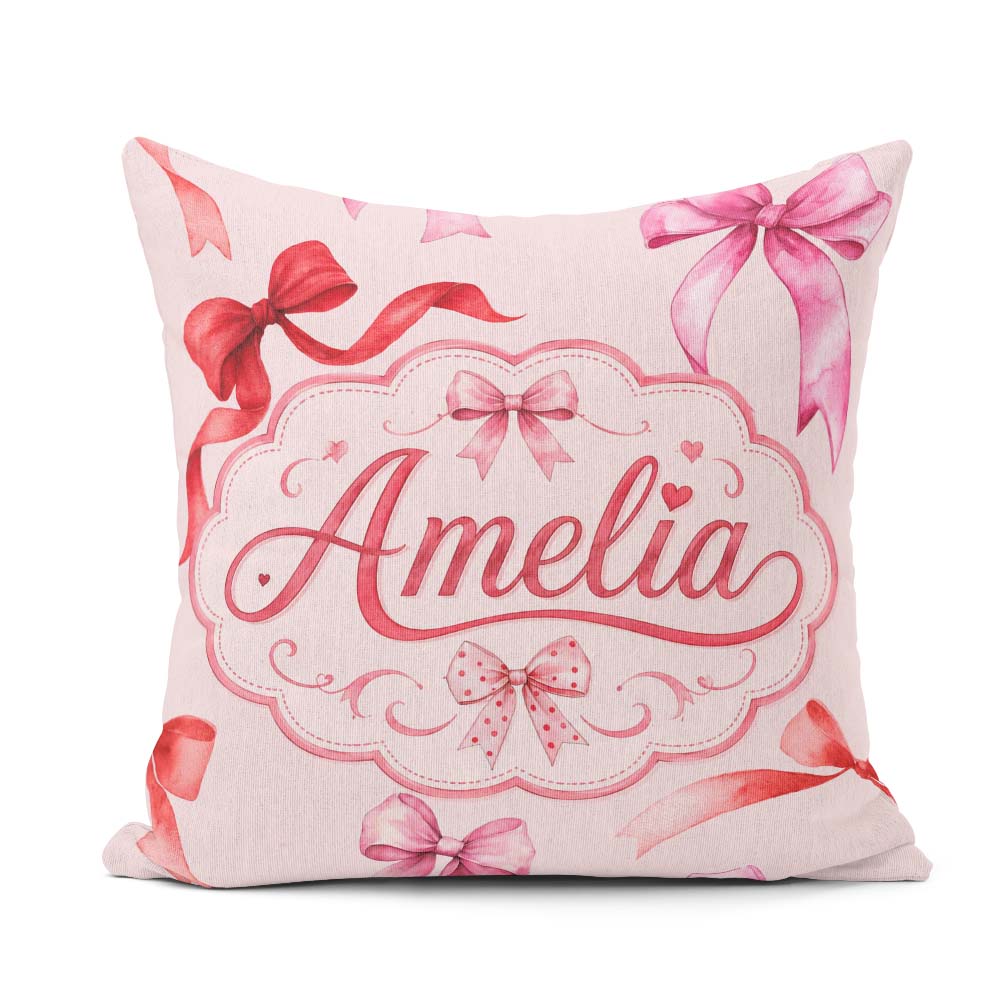Custom Name Watercolor Red and Pink Ribbon Bows Soft Beige Girly Square Filled Cushion Throw Pillow Sofa Bed Home Decor Zip Washable UK Made