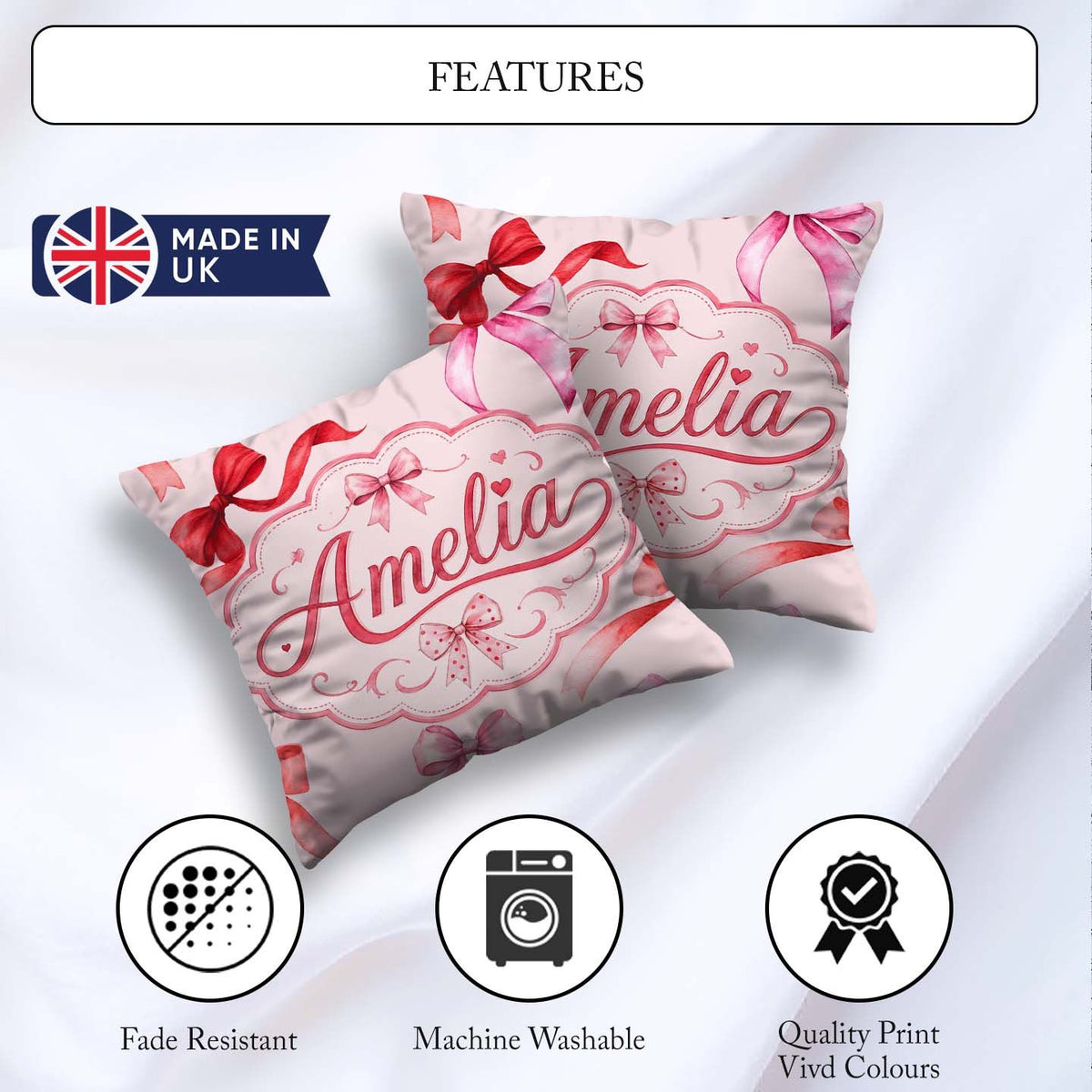 Custom Name Watercolor Red and Pink Ribbon Bows Soft Beige Girly Square Filled Cushion Throw Pillow Sofa Bed Home Decor Zip Washable UK Made