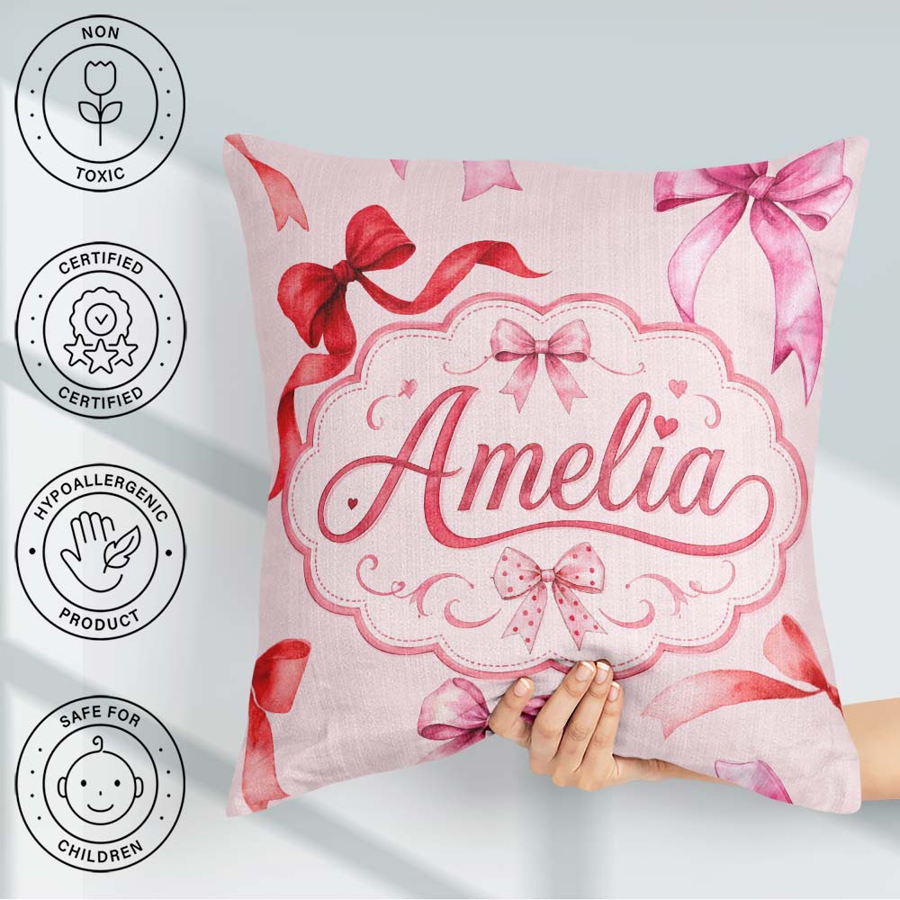 Custom Name Watercolor Red and Pink Ribbon Bows Soft Beige Girly Square Filled Cushion Throw Pillow Sofa Bed Home Decor Zip Washable UK Made