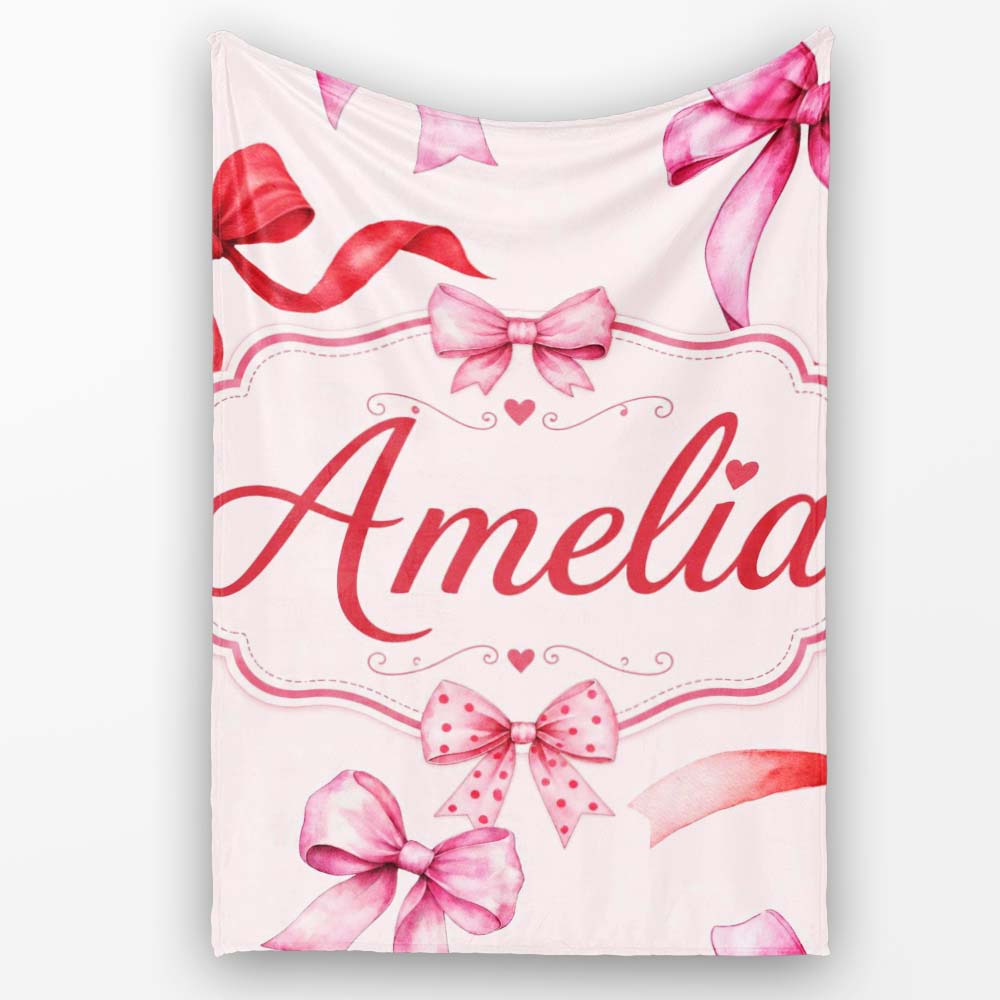 Watercolor Red and Pink Ribbon Bows Neutral Cream Background Cute Personalised Custom Name Super Soft Fleece Blanket Bed Sofa Throw