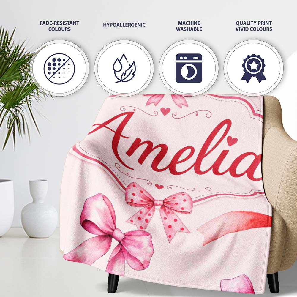 Watercolor Red and Pink Ribbon Bows Neutral Cream Background Cute Personalised Custom Name Super Soft Fleece Blanket Bed Sofa Throw