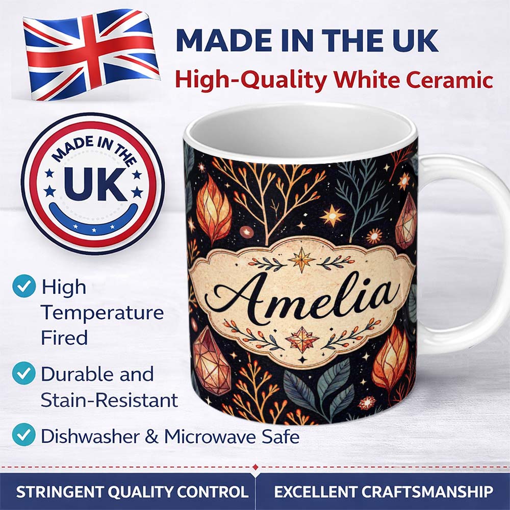 Personalized Custom Name Mystic Crystal Botanical Night Sky Seamless Pattern Cute Unique Gift 11oz Ceramic Coffee Tea Mug White Large Handle