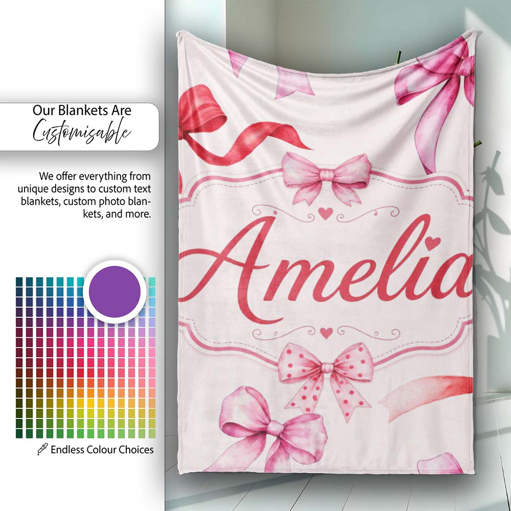 Watercolor Red and Pink Ribbon Bows Neutral Cream Background Cute Personalised Custom Name Super Soft Fleece Blanket Bed Sofa Throw