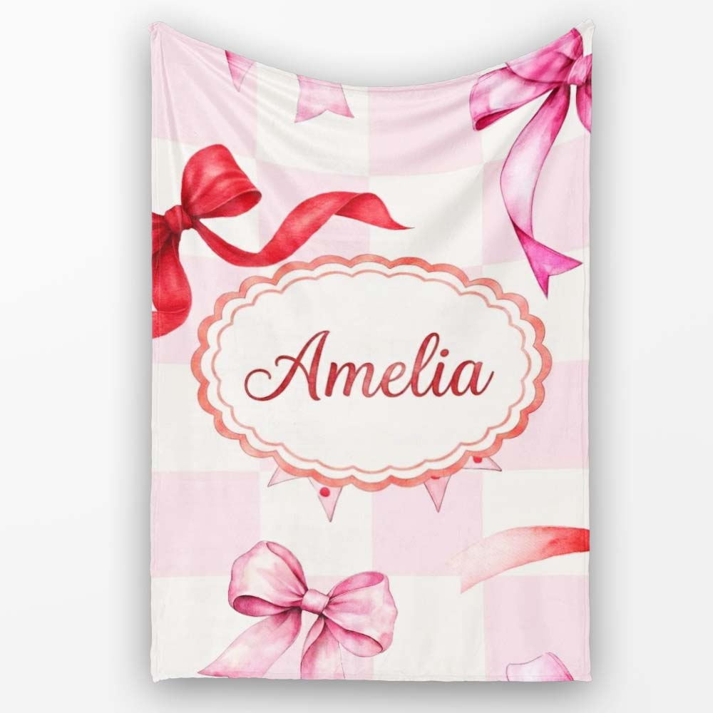 Watercolor Red and Pink Ribbon Bow Pink Gingham Check Background Personalised Custom Name Super Soft Fleece Blanket Bed Sofa Throw