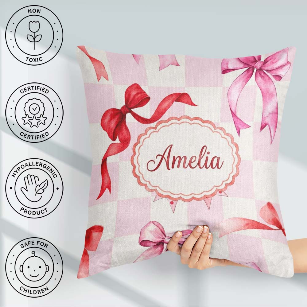 Custom Name Watercolor Red and Pink Ribbon Pink Check Background Square Filled Cushion Throw Pillow Sofa Bed Home Decor Zip Washable UK Made