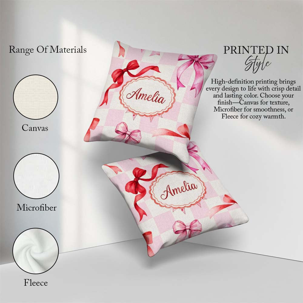 Custom Name Watercolor Red and Pink Ribbon Pink Check Background Square Filled Cushion Throw Pillow Sofa Bed Home Decor Zip Washable UK Made