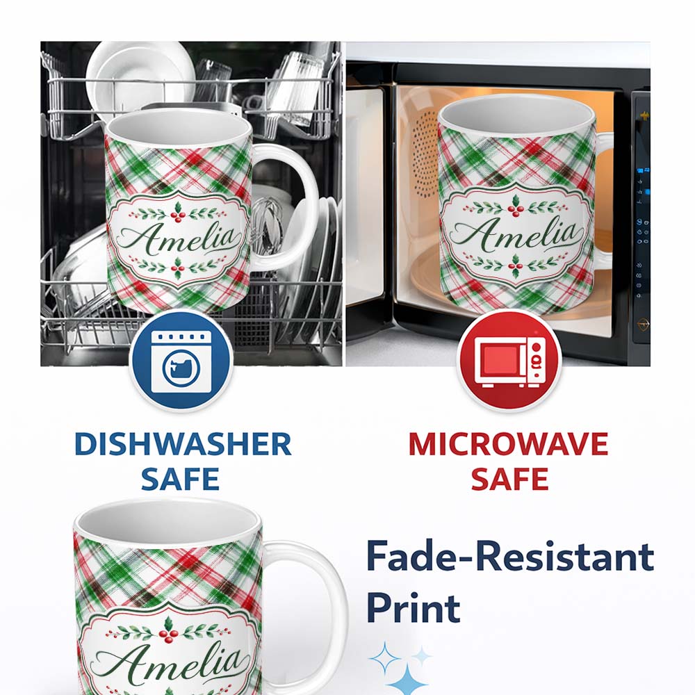 Personalized Custom Name Watercolor Red Green Christmas Tartan Plaid Festive Seamless Pattern 11oz Ceramic Coffee Tea Mug White Large Handle