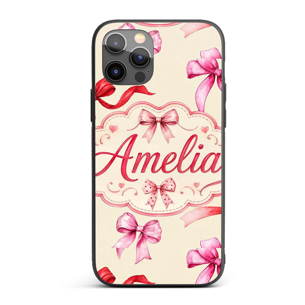 Watercolor Red and Pink Ribbon Bows Light Olive Custom Name Protective Phone Case Mobile Cover Durable Everyday Smartphone Shock Resistant