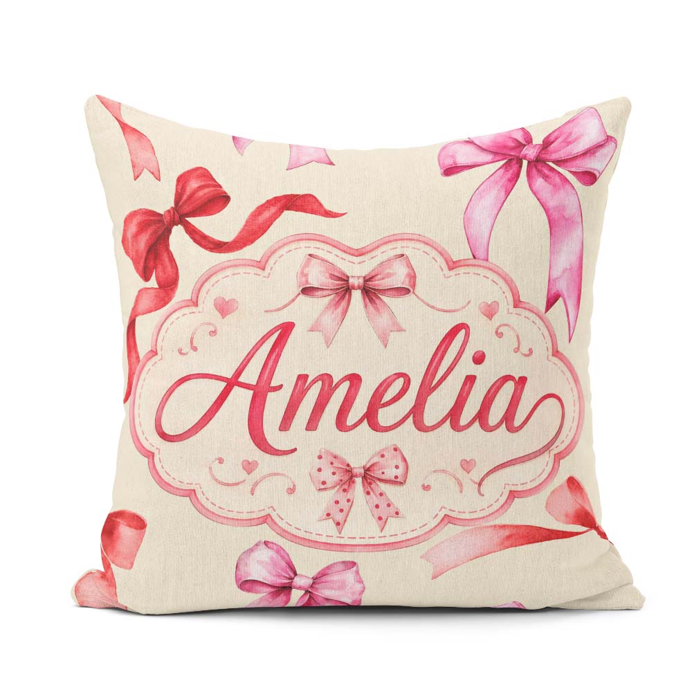 Custom Name Watercolor Red and Pink Ribbon Bows Light Olive Cute Square Filled Cushion Throw Pillow Sofa Bed Home Decor Zip Washable UK Made