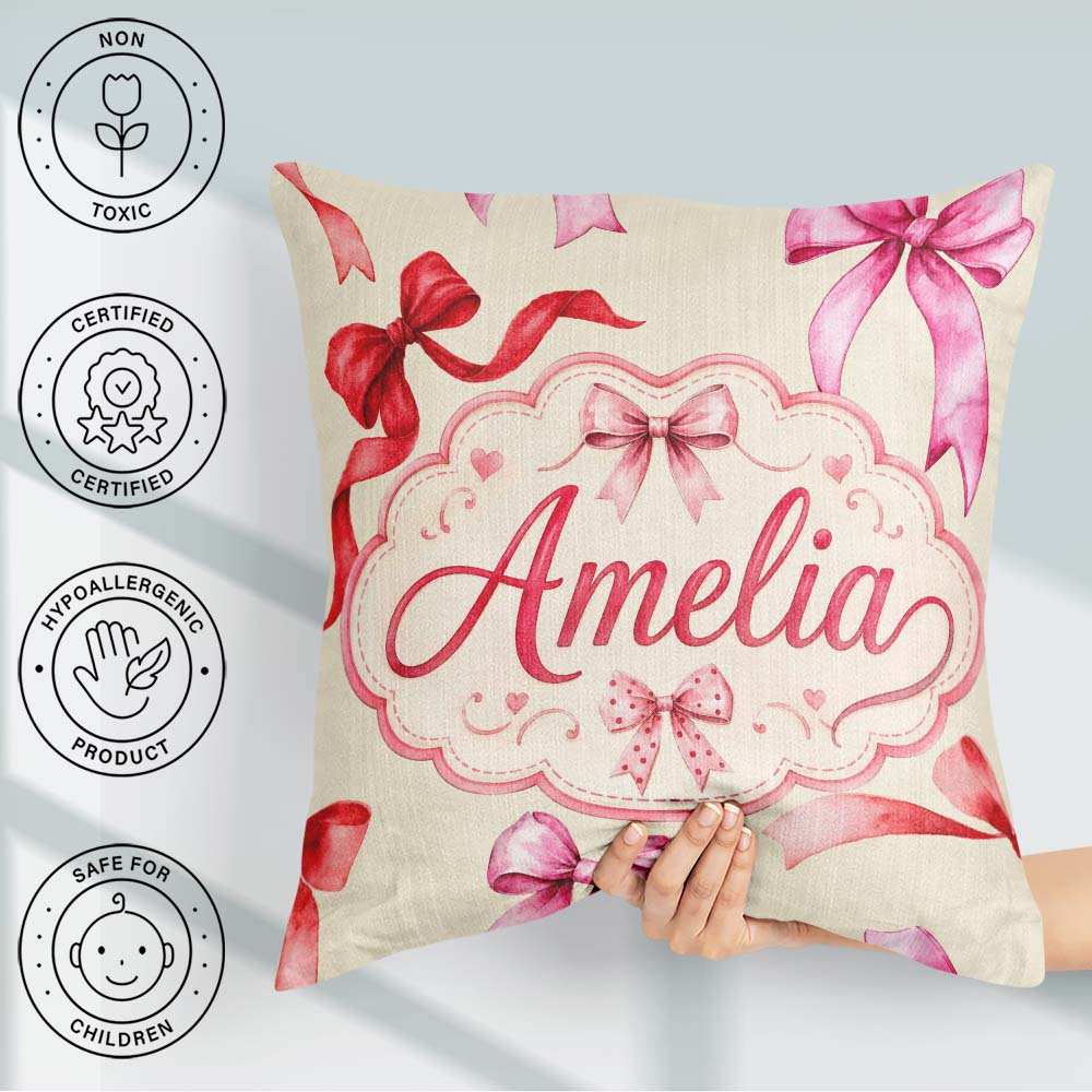 Custom Name Watercolor Red and Pink Ribbon Bows Light Olive Cute Square Filled Cushion Throw Pillow Sofa Bed Home Decor Zip Washable UK Made
