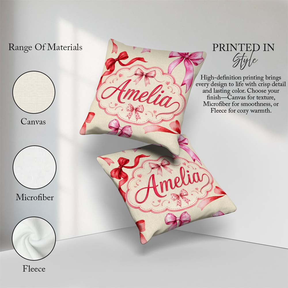 Custom Name Watercolor Red and Pink Ribbon Bows Light Olive Cute Square Filled Cushion Throw Pillow Sofa Bed Home Decor Zip Washable UK Made