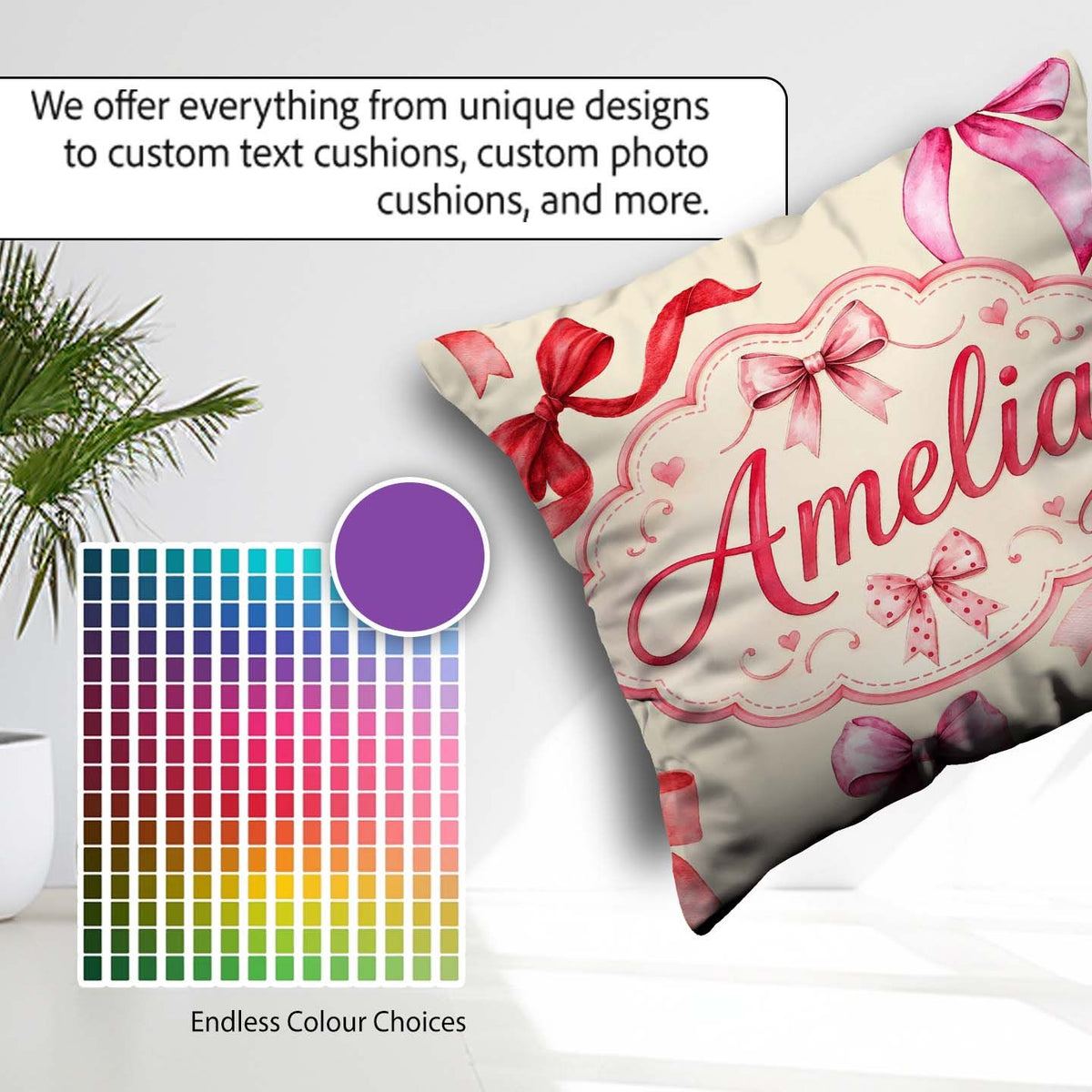Custom Name Watercolor Red and Pink Ribbon Bows Light Olive Cute Square Filled Cushion Throw Pillow Sofa Bed Home Decor Zip Washable UK Made