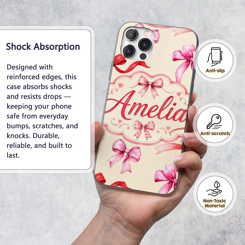 Watercolor Red and Pink Ribbon Bows Light Olive Custom Name Protective Phone Case Mobile Cover Durable Everyday Smartphone Shock Resistant