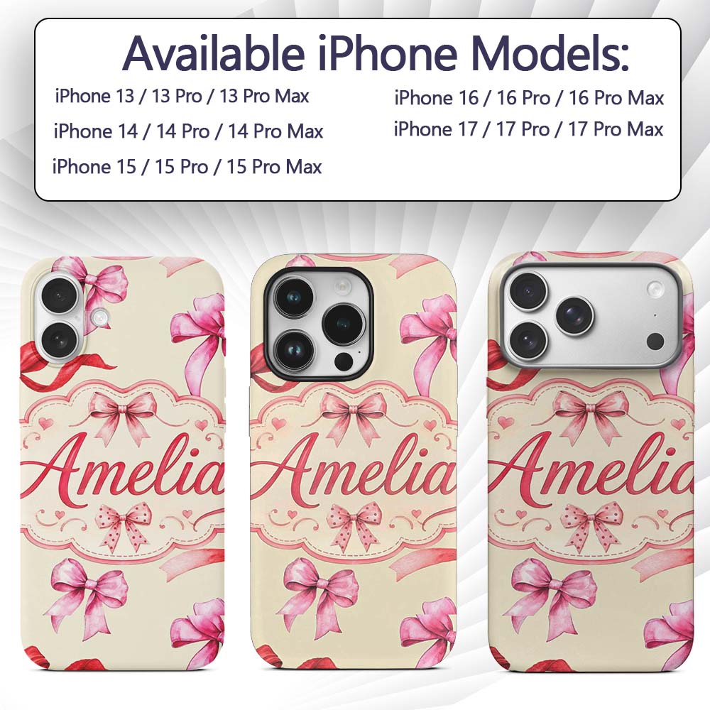 Watercolor Red and Pink Ribbon Bows Light Olive Custom Name Protective Phone Case Mobile Cover Durable Everyday Smartphone Shock Resistant