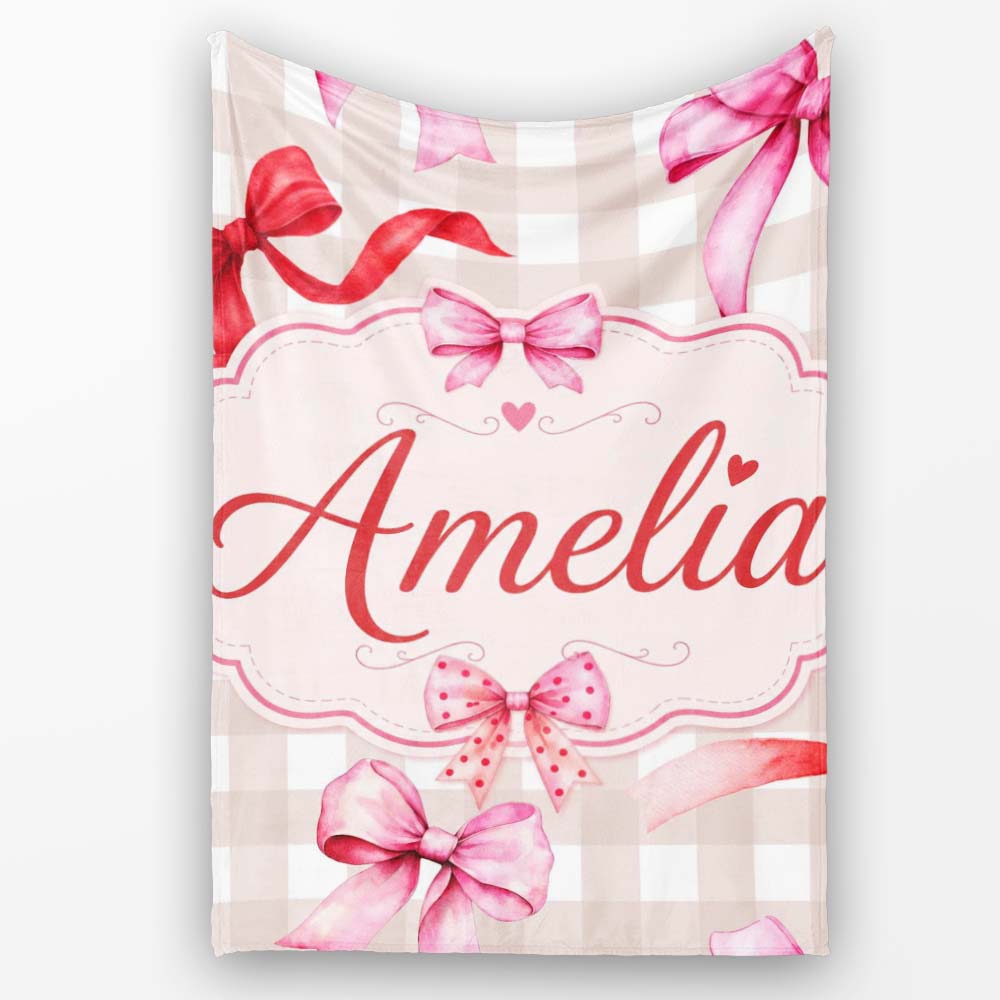 Watercolor Red and Pink Ribbon Bows Beige Gingham Check Background Personalised Custom Name Super Soft Fleece Blanket Bed Sofa Throw
