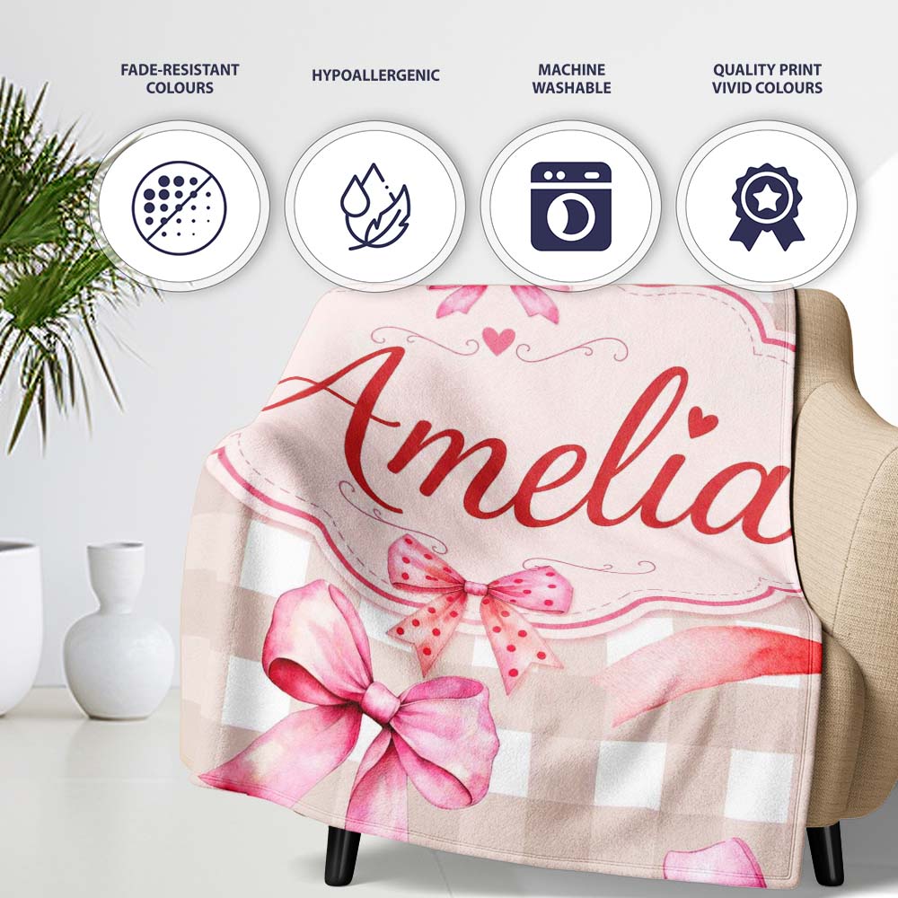 Watercolor Red and Pink Ribbon Bows Beige Gingham Check Background Personalised Custom Name Super Soft Fleece Blanket Bed Sofa Throw