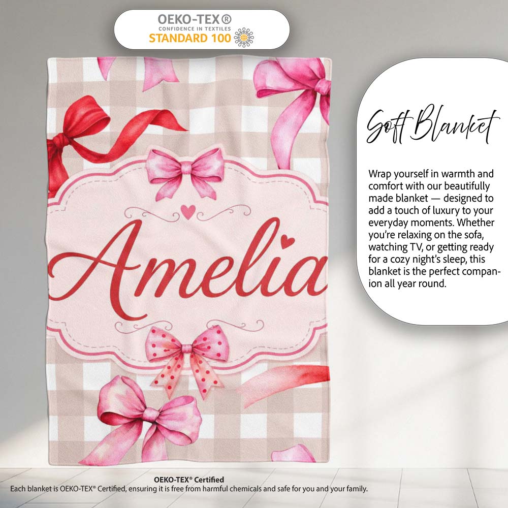 Watercolor Red and Pink Ribbon Bows Beige Gingham Check Background Personalised Custom Name Super Soft Fleece Blanket Bed Sofa Throw