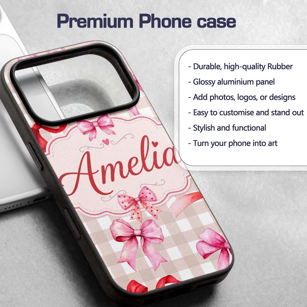 Watercolor Red and Pink Ribbon Bows Beige Gingham Custom Name Protective Phone Case Mobile Cover Durable Everyday Smartphone Shock Resistant