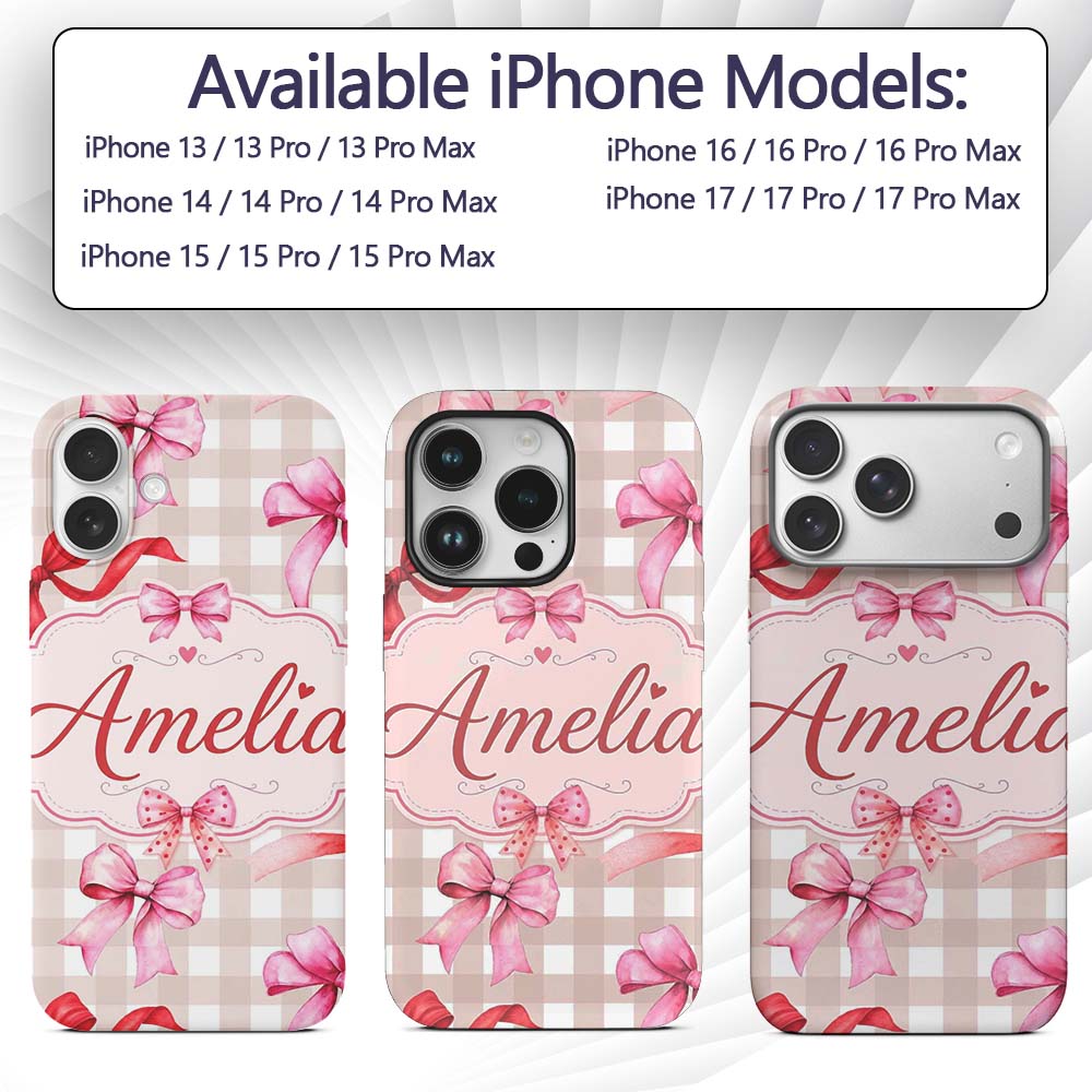 Watercolor Red and Pink Ribbon Bows Beige Gingham Custom Name Protective Phone Case Mobile Cover Durable Everyday Smartphone Shock Resistant