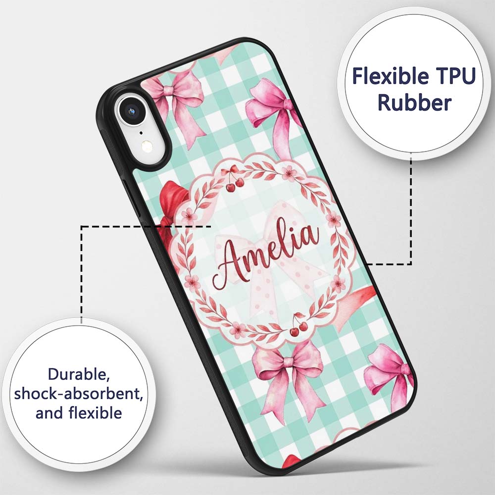 Watercolor Red and Pink Ribbon Bows Mint Gingham Custom Name Protective Phone Case Mobile Cover Durable Everyday Smartphone Shock Resistant