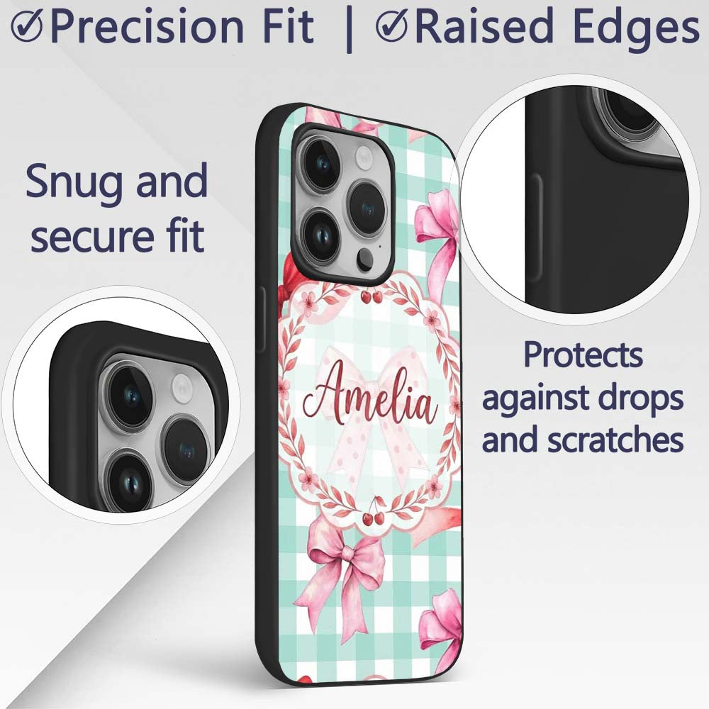 Watercolor Red and Pink Ribbon Bows Mint Gingham Custom Name Protective Phone Case Mobile Cover Durable Everyday Smartphone Shock Resistant