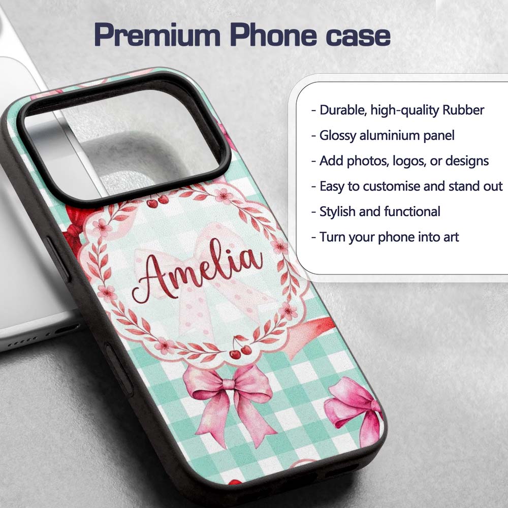 Watercolor Red and Pink Ribbon Bows Mint Gingham Custom Name Protective Phone Case Mobile Cover Durable Everyday Smartphone Shock Resistant